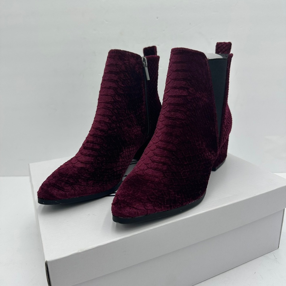 Womens Whimsigoth Burgundy Snakeskin Embossed Faux Suede Ankle Booties Size 6.5